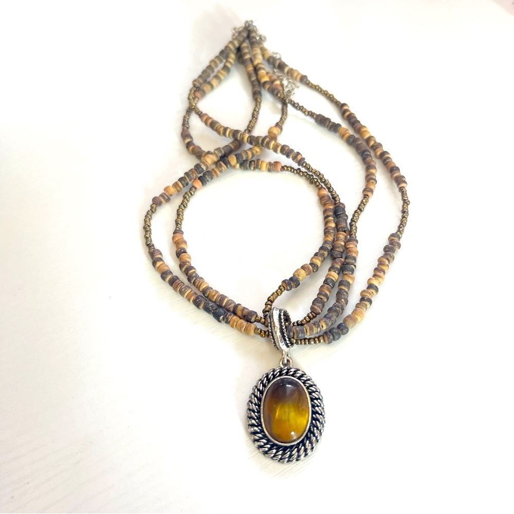 Vintage Avon Brown Wooden Multi Strand Beaded Tiger's Eye Silver Tone Necklace
